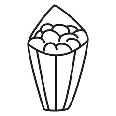 Hand drawn cartoon illustration of food.Popcorn in doodle style paper cup striped .Cinema snack fast food. Striped cardboard bucket outline vector illustration.Isolated on white background.