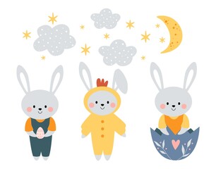 Kawaii cute bunnies, rabbits. A rabbit in a chicken costume. A rabbit in an eggshell. Happy Easter. Clipart for postcards, prints, banners, templates, social media, web.