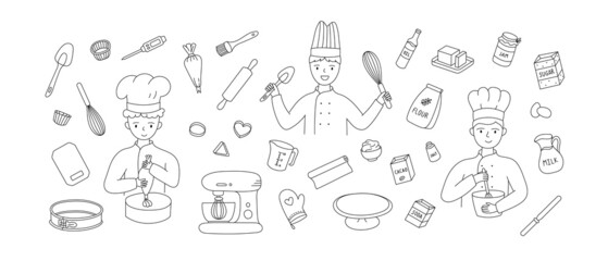 Hand drawn set of cooking Kitchenware with people cheif. Doodle sketch style.