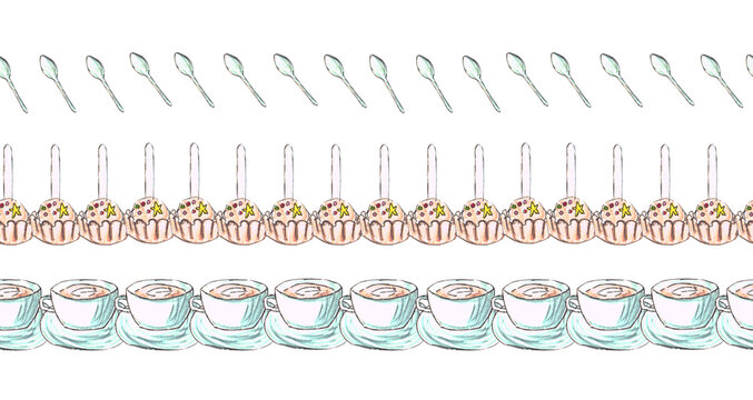 horizontal seamless pattern with coffee cup and sweet