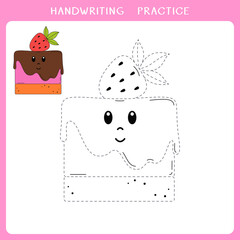 Handwriting practice sheet. Simple educational game for kids. Vector illustration of cute cake for coloring book