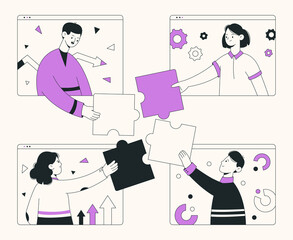 Business teamwork cooperation, abstract characters team building concept. Brainstorming, office team cooperation vector symbols illustrations. Outline business characters