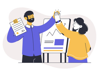 Business team celebrate success, teamwork collaboration and brainstorming result. Office people workflow, outline business characters vector symbols illustration concept