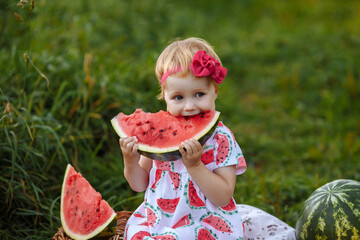 Little girl in a dress eats a watermelon at a picnic.