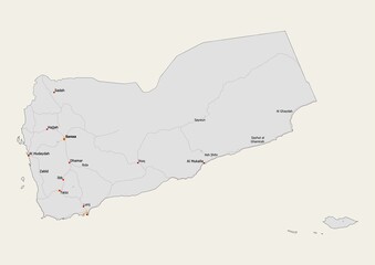 Isolated map of Yemen with capital, national borders, important cities, rivers,lakes. Detailed map of Yemen suitable for large size prints and digital editing.