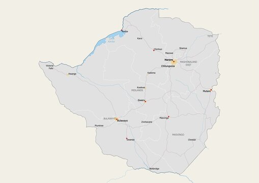 Isolated map of Zimbabwe with capital, national borders, important cities, rivers,lakes. Detailed map of Zimbabwe suitable for large size prints and digital editing.