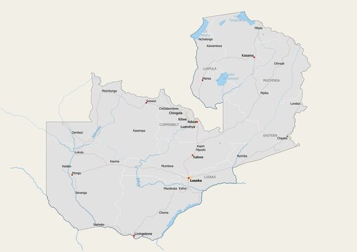 Isolated map of Zambia with capital, national borders, important cities, rivers,lakes. Detailed map of Zambia suitable for large size prints and digital editing.