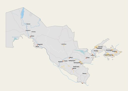 Isolated map of Uzbekistan with capital, national borders, important cities, rivers,lakes. Detailed map of Uzbekistan suitable for large size prints and digital editing.