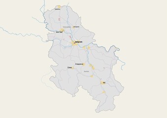 Isolated map of Republic of Serbia with capital, national borders, important cities, rivers,lakes. Detailed map of Republic of Serbia suitable for large size prints and digital editing.