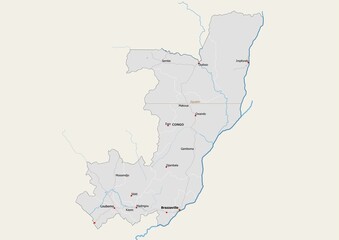 Isolated map of Republic of the Congo with capital, national borders, important cities, rivers,lakes. Detailed map of Republic of the Congo suitable for large size prints and digital editing.