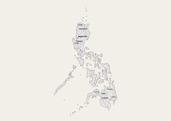 Isolated map of Philippines with capital, national borders, important cities, rivers,lakes. Detailed map of Philippines suitable for large size prints and digital editing.