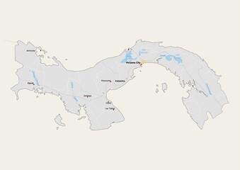 Isolated map of Panama with capital, national borders, important cities, rivers,lakes. Detailed map of Panama suitable for large size prints and digital editing.