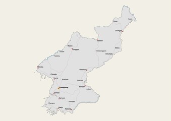 Isolated map of North Korea with capital, national borders, important cities, rivers,lakes. Detailed map of North Korea suitable for large size prints and digital editing.