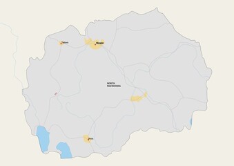 Obraz premium Isolated map of North Macedonia with capital, national borders, important cities, rivers,lakes. Detailed map of North Macedonia suitable for large size prints and digital editing.
