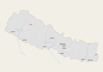 Isolated map of Nepal with capital, national borders, important cities, rivers,lakes. Detailed map of Nepal suitable for large size prints and digital editing.