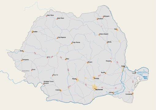 Isolated map of Romania with capital, national borders, important cities, rivers,lakes. Detailed map of Romania suitable for large size prints and digital editing.