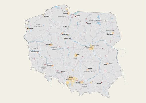 Isolated map of Poland with capital, national borders, important cities, rivers,lakes. Detailed map of Poland suitable for large size prints and digital editing.