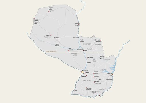 Isolated map of Paraguay with capital, national borders, important cities, rivers,lakes. Detailed map of Paraguay suitable for large size prints and digital editing.