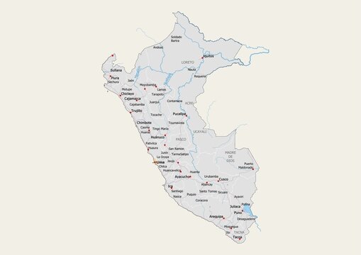 Isolated map of Peru with capital, national borders, important cities, rivers,lakes. Detailed map of Peru suitable for large size prints and digital editing.