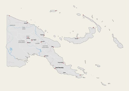 Isolated map of Papua New Guinea with capital, national borders, important cities, rivers,lakes. Detailed map of Papua New Guinea suitable for large size prints and digital editing.