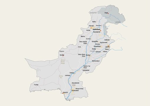 Isolated map of Pakistan with capital, national borders, important cities, rivers,lakes. Detailed map of Pakistan suitable for large size prints and digital editing.