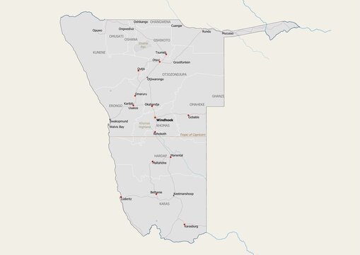 Isolated map of Namibia with capital, national borders, important cities, rivers,lakes. Detailed map of Namibia suitable for large size prints and digital editing.
