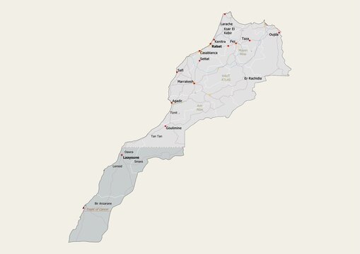 Isolated map of Morocco with capital, national borders, important cities, rivers,lakes. Detailed map of Morocco suitable for large size prints and digital editing.