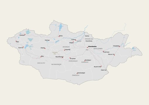 Isolated map of Mongolia with capital, national borders, important cities, rivers,lakes. Detailed map of Mongolia suitable for large size prints and digital editing.
