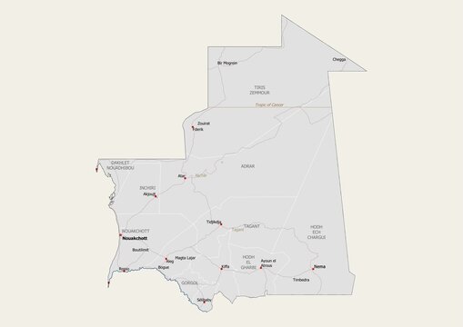 Isolated map of Mauritania with capital, national borders, important cities, rivers,lakes. Detailed map of Mauritania suitable for large size prints and digital editing.