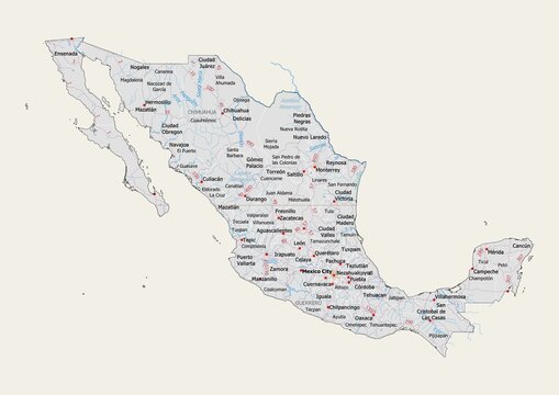 Isolated map of Mexico with capital, national borders, important cities, rivers,lakes. Detailed map of Mexico suitable for large size prints and digital editing.