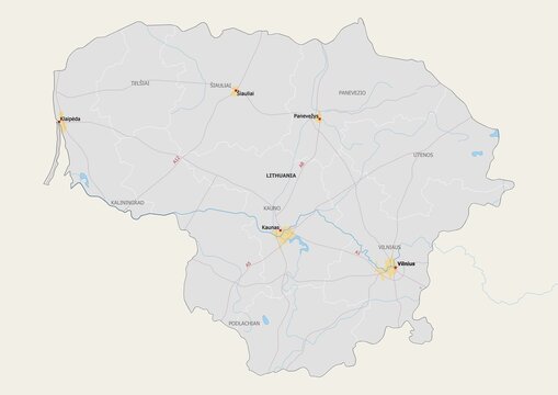 Isolated map of Lithuania with capital, national borders, important cities, rivers,lakes. Detailed map of Lithuania suitable for large size prints and digital editing.