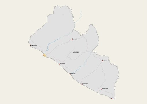 Isolated map of Liberia with capital, national borders, important cities, rivers,lakes. Detailed map of Liberia suitable for large size prints and digital editing.