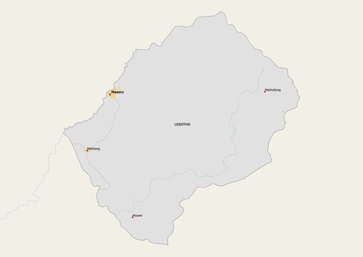 Isolated map of Lesotho with capital, national borders, important cities, rivers,lakes. Detailed map of Lesotho suitable for large size prints and digital editing.