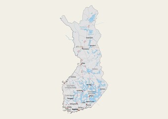 Isolated map of Finland with capital, national borders, important cities, rivers,lakes. Detailed map of Finland suitable for large size prints and digital editing.