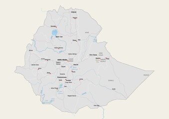 Isolated map of Ethiopia with capital, national borders, important cities, rivers,lakes. Detailed map of Ethiopia suitable for large size prints and digital editing. - obrazy, fototapety, plakaty