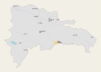 Isolated map of Dominican Republic with capital, national borders, important cities, rivers,lakes. Detailed map of Dominican Republic suitable for large size prints and digital editing.