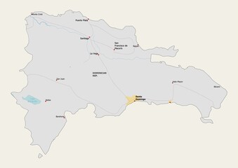 Fototapeta premium Isolated map of Dominican Republic with capital, national borders, important cities, rivers,lakes. Detailed map of Dominican Republic suitable for large size prints and digital editing.