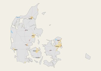 Isolated map of Denmark with capital, national borders, important cities, rivers,lakes. Detailed map of Denmark suitable for large size prints and digital editing.