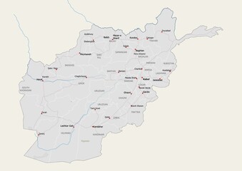 Isolated map of Afghanistan with capital, national borders, important cities, rivers,lakes. Detailed map of Afghanistan suitable for large size prints and digital editing.