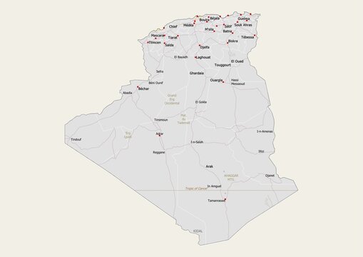 Isolated map of Algeria with capital, national borders, important cities, rivers,lakes. Detailed map of Algeria suitable for large size prints and digital editing.