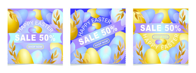 Easter Sale promotional poster templates with golden and violet eggs and branch. Easter Sales special offer text design with hand lettering for business, holiday shopping, promotion and advertising. 