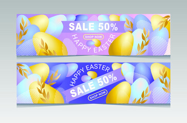 Easter Sale promotional poster templates with golden and violet eggs and branch. Easter Sales special offer text design with hand lettering for business, holiday shopping, promotion and advertising.