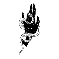 Hand Drawn Dark Witch Hands with Snake, Vector Female Hand witch Stars. Mystic Occult Silhouettes	