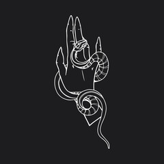 Hand Drawn Witch Hands with Snake, Vector Line Art  Female Hand. Mystic Occult Silhouettes	