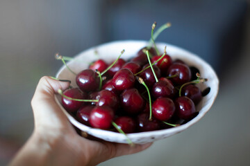 Female hand holding a bowl of juicy cherries. Summer food on a wooden background.