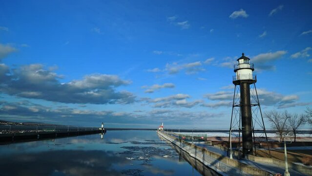 winter in duluth  north shore  pier ligthouse on coast of superior lake minnesota