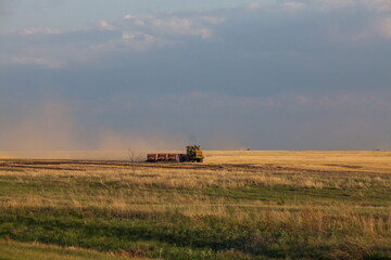 Fototapeta na wymiar Tractor seeds wheat in field. Spring sowing season.