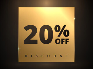 20 off discount banner. Special offer sale 20 percent off. Sale discount offer. Luxury promotion banner twenty percent discount in golden square and black background. Vector illustration