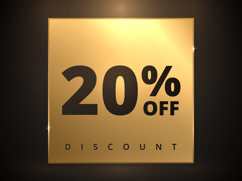 20 off discount banner. Special offer sale 20 percent off. Sale discount offer. Luxury promotion banner twenty percent discount in golden square and black background. Vector illustration