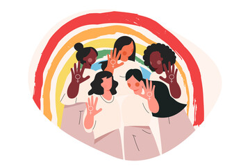 Women right and power. Lgbt diverse female team with rainbow. Feminism concept. Strong girl show stop gesture. Female solidarity. Cartoon flat vector illustration isolated on white background